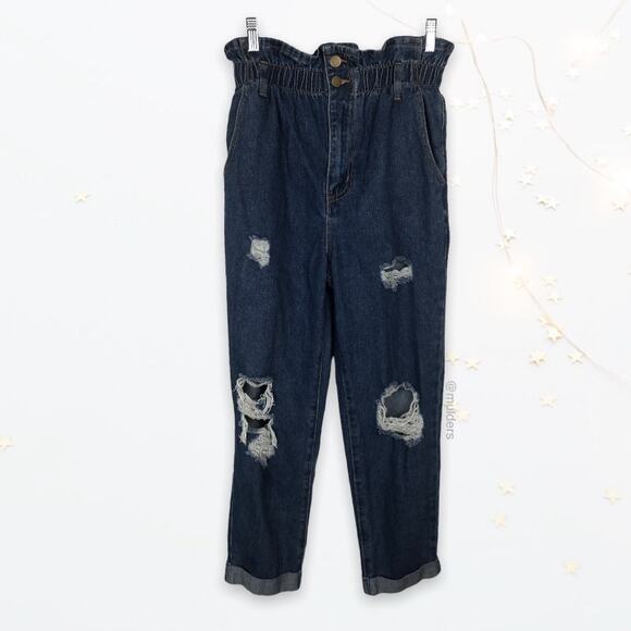Forever 21 Distressed Paperbag Paper Bag Blue High Waisted Jeans Torn - Picture 1 of 10